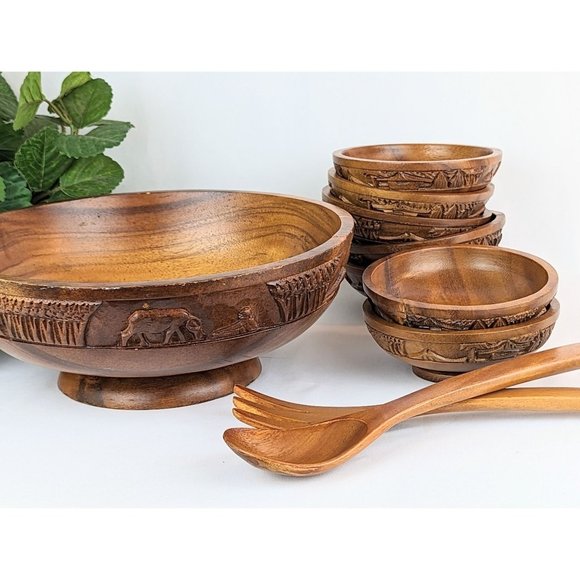 Vintage Hand Carved Wood Salad Bowl Set 10 Piece Polynesian Carved Wood Bowls - Picture 2 of 10